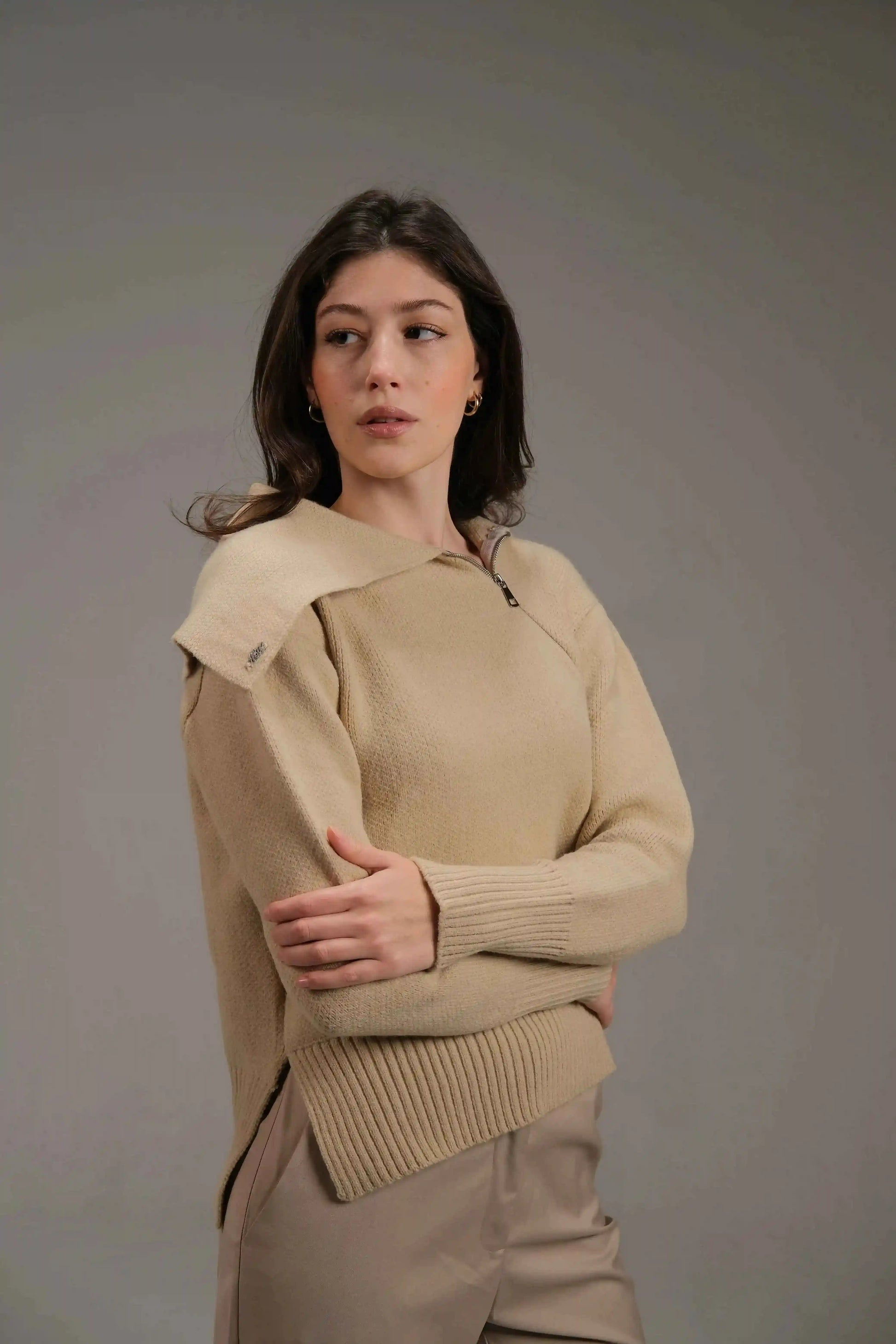 Knitted Cotton Top in Beige - A&Suz