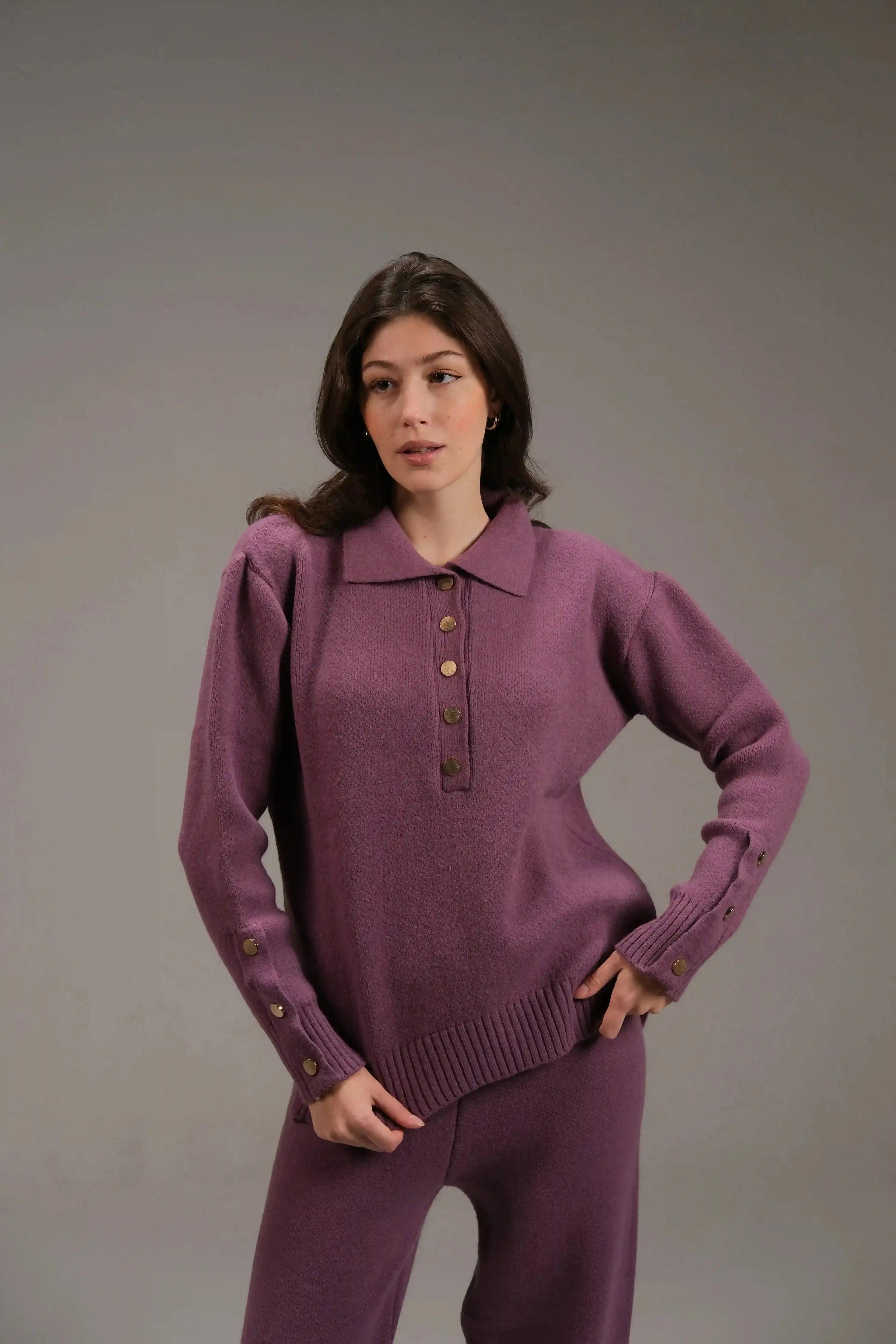 Knitted Cotton Buttoned Top in Purple - A&Suz