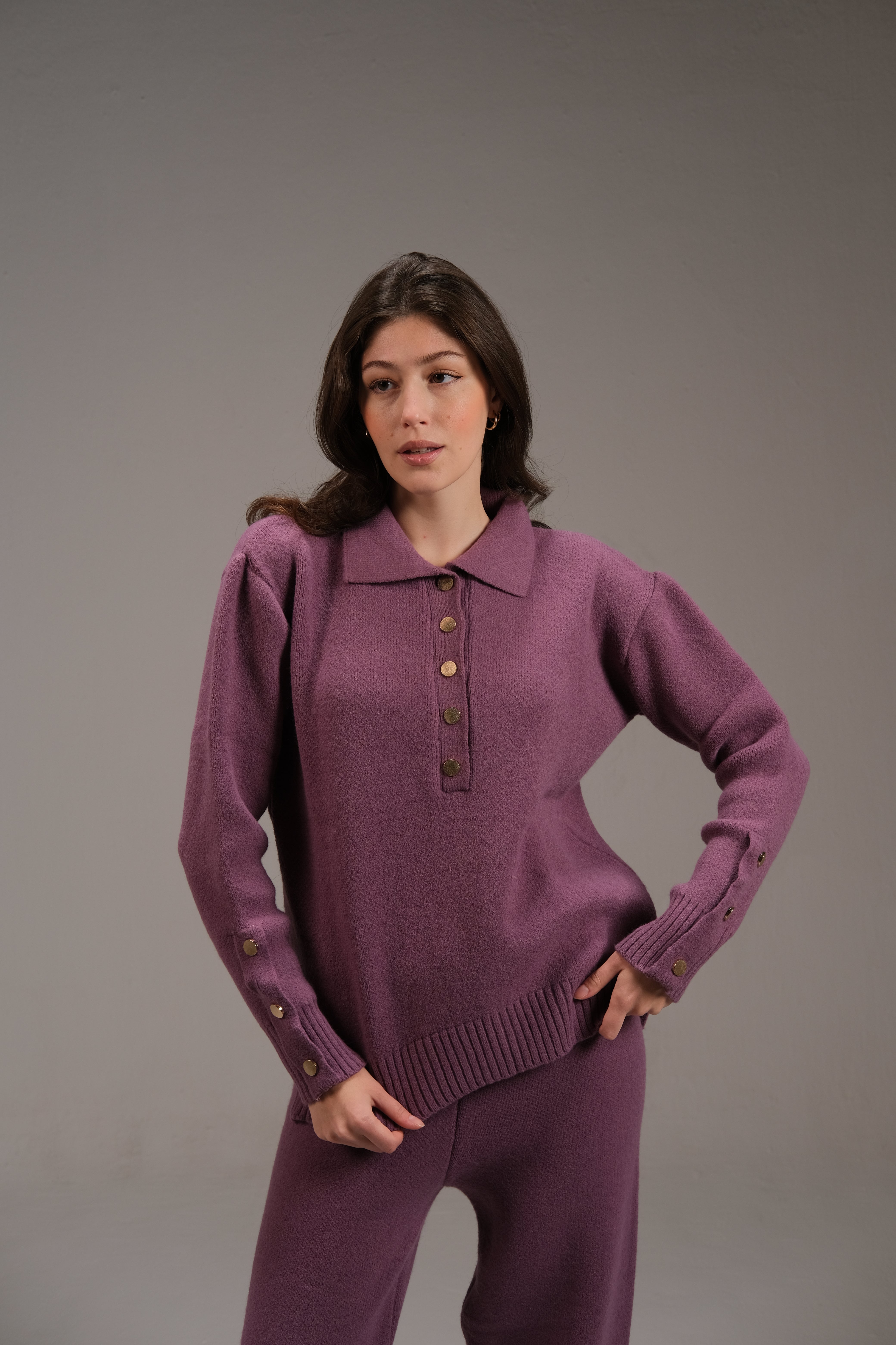 Knitted Cotton Buttoned Top in Purple