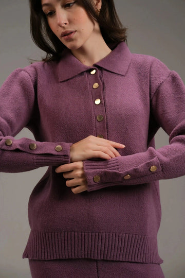 Knitted Cotton Buttoned Top in Purple - A&Suz