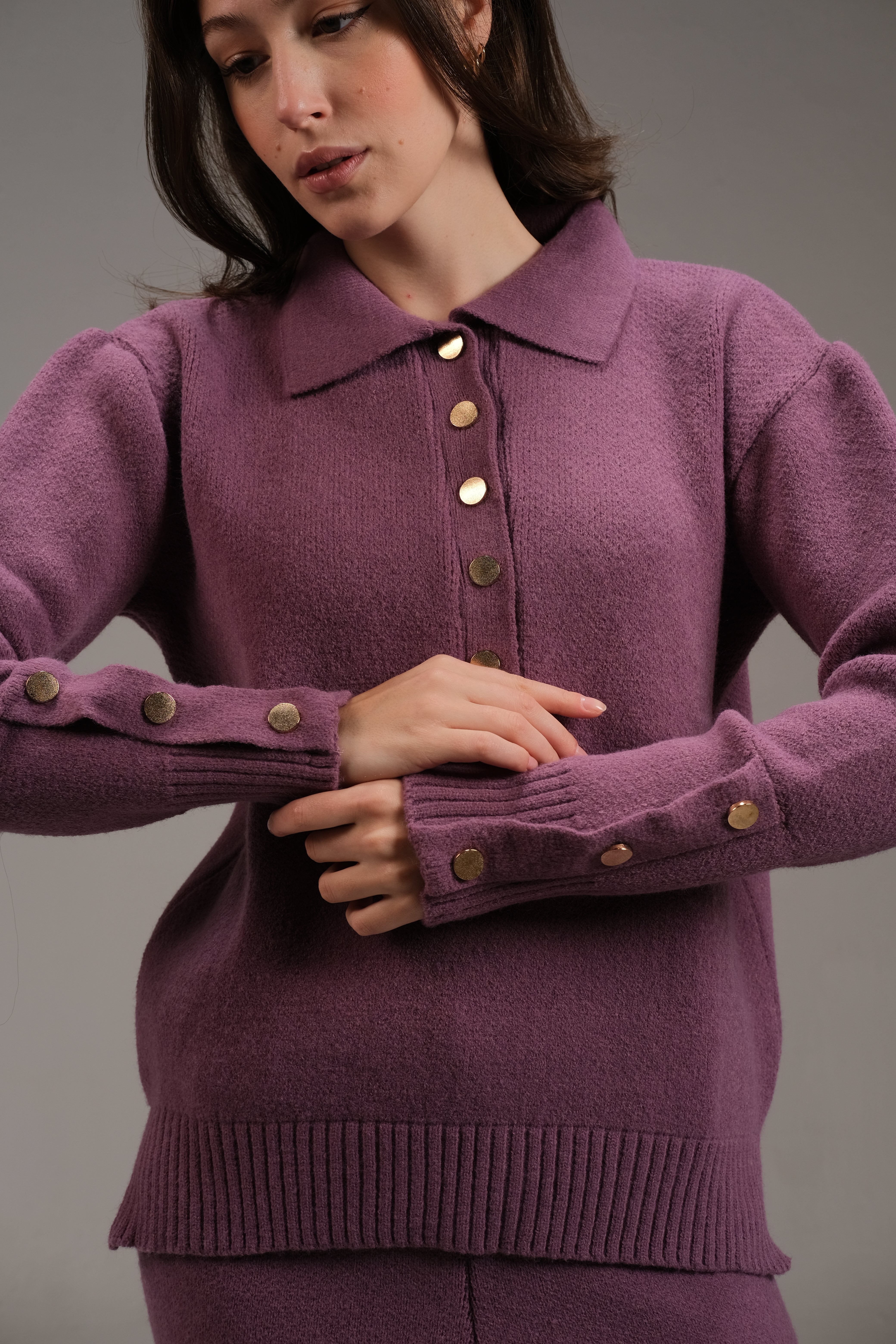 Knitted Cotton Buttoned Top in Purple