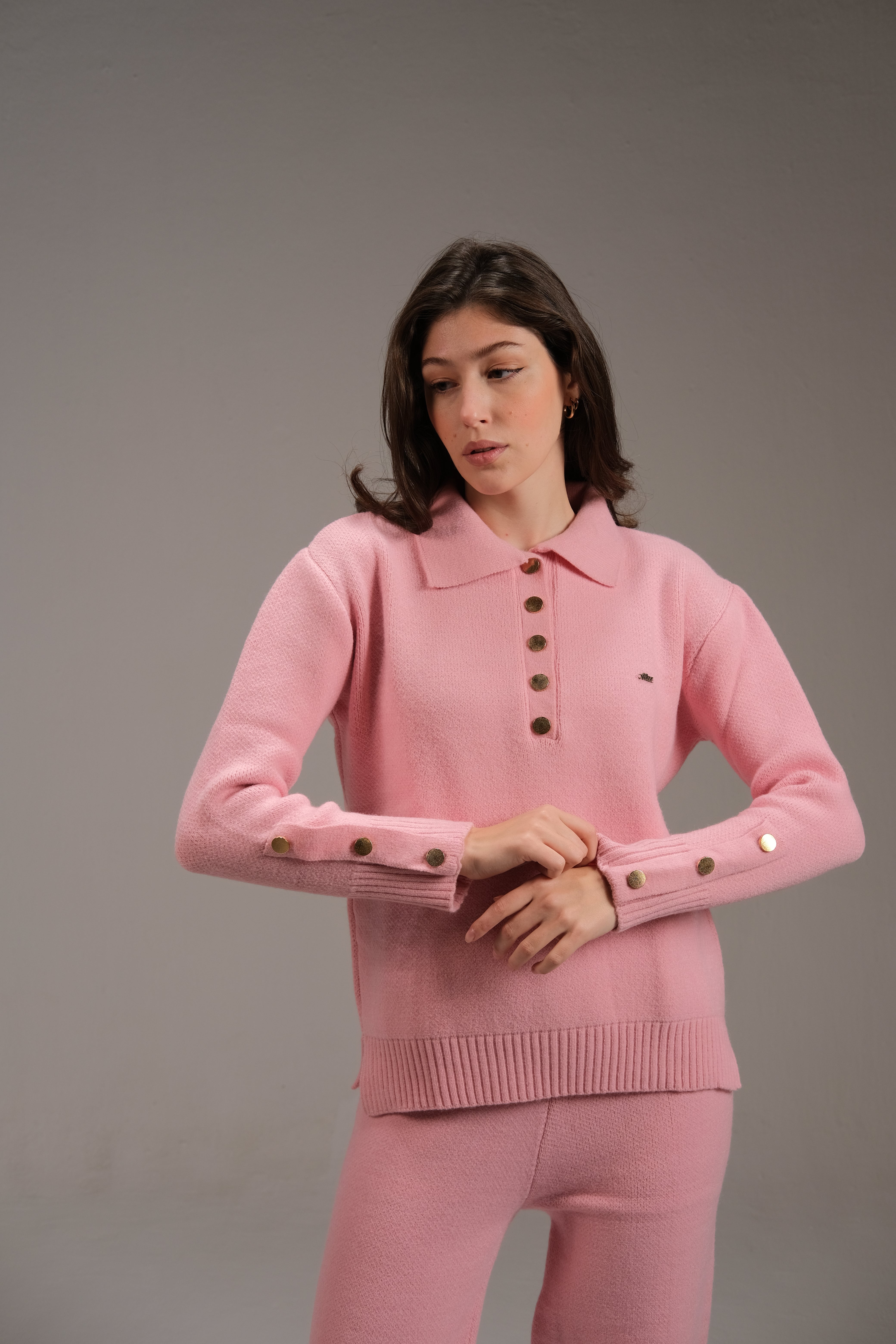 Knitted Cotton Buttoned Top in Pink