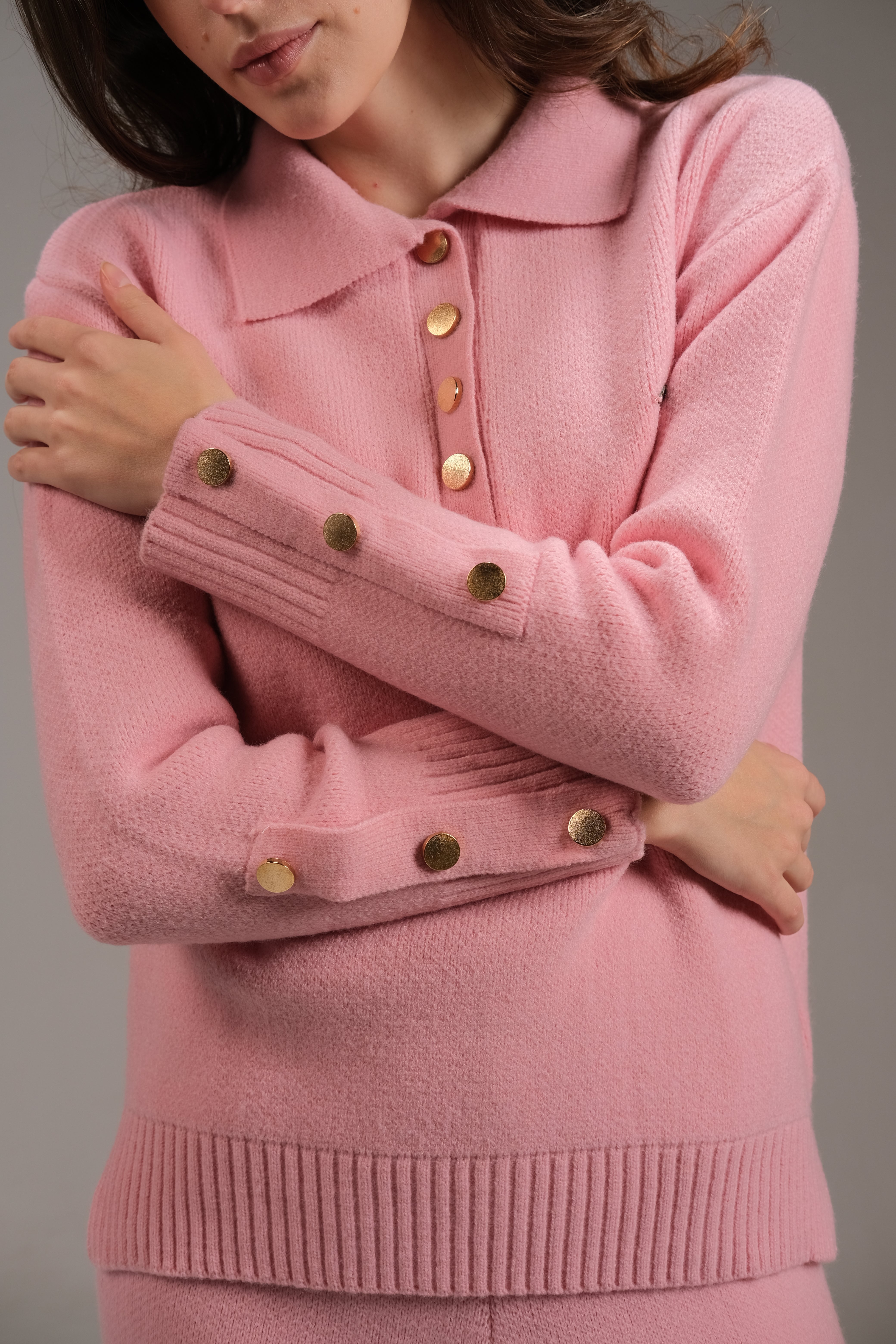 Knitted Cotton Buttoned Top in Pink